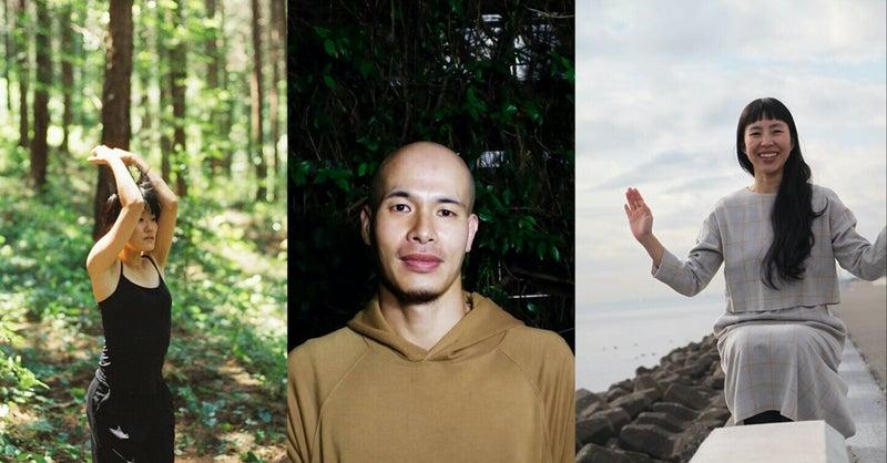 3人の写真 森の中でヨガをする女性、男性の正面からみた写真、海辺でにこやかに手をふるロングヘアの女性